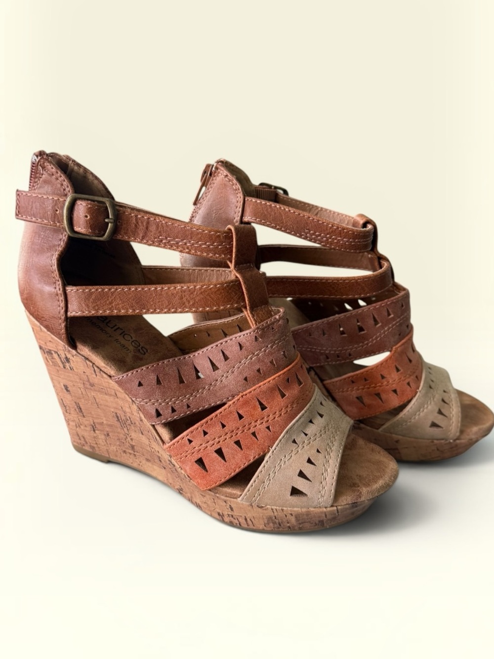 Maurices Tri-Tone Cutout Cork Wedge Sandals - Brown/Tan/Cream